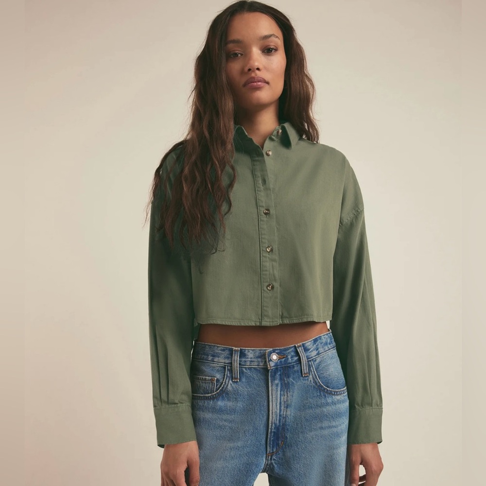 Favorite Daughter Green Crop Ex-Boyfriend Button Down Shirt size small